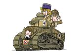  anyan_(jooho) caterpillar_tracks club_(shape) food ft-17 ground_vehicle helmet koizumi_hanayo kousaka_honoka light_tank love_live! love_live!_school_idol_project military military_uniform military_vehicle minami_kotori motor_vehicle multiple_girls onigiri open_mouth printemps_(love_live!) rice short_hair tank uniform weapon 