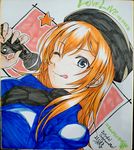  absurdres blue_eyes female_singer_(love_live!) hat highres long_hair love_live! love_live!_school_idol_project love_live!_the_school_idol_movie microphone older one_eye_closed orange_hair shikishi spoilers star tongue tongue_out traditional_media yoshijima_ataru 