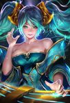  1_girl aqua_eyes aqua_hair aqua_nails bare_shoulders blush breasts cleavage etwahl female gradient gradient_background large_breasts league_of_legends lips long_hair looking_at_viewer nail_polish sakimichan smile solo sona_buvelle twintails upper_body upperbody very_long_hair watermark 