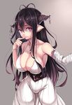  antenna_hair bad_id bad_pixiv_id bandages beeyan black_hair blush breasts cleavage danua draph dress finger_to_mouth fingerless_gloves gloves granblue_fantasy hair_between_eyes highres horn_ornament horns jewelry large_breasts long_hair looking_at_viewer necklace pointy_ears red_eyes saliva solo 