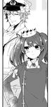  1girl admiral_(kantai_collection) admiral_arisugawa commentary_request crown greyscale hair_ribbon hat jewelry kantai_collection magatama monochrome nagomi_(mokatitk) one_eye_closed peaked_cap ribbon ring ryuujou_(kantai_collection) twintails 