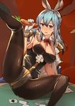  animal_ears black_legwear blue_eyes blue_hair blush bow bowtie breasts bunny_ears bunnysuit carrot cleavage detached_collar fake_animal_ears gloves granblue_fantasy highres holding jacket_on_shoulders katsudansou large_breasts long_hair pantyhose playing_games purple_eyes sexually_suggestive solo_focus spread_legs tears therese_(granblue_fantasy) white_gloves 