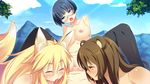  1boy 3girls animal_ears areolae black_hair blonde_hair blue_eyes blush breasts brown_hair censored eyes_closed fox_ears fox_tail game_cg girl_on_top glasses harem highres kinpatsu_tarou_monogatari large_breasts legs licking long_hair looking_down mosaic_censoring multiple_girls nipples nude open_mouth outdoors panda_ears penis pov pussy sex short_hair sitting sitting_on_person sky taguchi_makoto tail thighhighs thighs tongue tongue_out vaginal yellow_eyes 