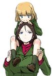  bad_id bad_pixiv_id blonde_hair blue_eyes blush breasts brown_hair buttons carrying chikuwa_(tks) girls_und_panzer hands_on_another's_head katyusha large_breasts long_hair long_sleeves looking_at_another looking_down looking_up military military_uniform multiple_girls nonna pravda_school_uniform short_hair shoulder_carry simple_background smile uniform white_background 