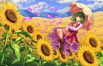  ascot boots cherry_blossoms cloud cloudy_sky cross-laced_footwear day floating flower garden_of_the_sun green_hair kazami_yuuka landscape long_sleeves plaid plaid_skirt plaid_vest red_hair scenery short_hair skirt sky smile solo sunflower touhou umbrella vest wasabichan 