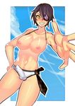  artist_request bikini_bottom blue_sky blush breasts bulge cloud collarbone cowboy_shot erection erection_under_clothes eyelashes eyepatch futanari gradient gradient_background grin hand_on_hips kantai_collection large_breasts looking_at_viewer orange_eyes purple_hair shiny shiny_skin short_hair sky smile solo teeth tenryuu_(kantai_collection) thighs white_bikini zxc 