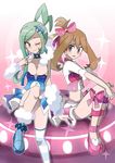  aqua_eyes aqua_hair bad_id bad_twitter_id bare_shoulders black_eyes breasts brown_hair cleavage haruka_(pokemon) highres kuroi_paseri lucia_(pokemon) medium_breasts multiple_girls no_panties one_eye_closed pokemon pokemon_(game) pokemon_oras single_thighhigh sitting skirt striped striped_legwear thighhighs 