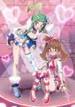  aqua_eyes aqua_hair bad_id bad_twitter_id bare_shoulders black_eyes blush breasts brown_hair cleavage embarrassed haruka_(pokemon) heart highres kuroi_paseri lucia_(pokemon) medium_breasts multiple_girls pokemon pokemon_(game) pokemon_oras ponytail short_shorts shorts single_thighhigh sitting skirt small_breasts striped striped_legwear thighhighs zoom_layer 