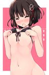  bikini bikini_pull black_bikini black_hair blush breasts closed_eyes front-tie_top haguro_(kantai_collection) hair_ornament kantai_collection large_breasts navel open_mouth out-of-frame_censoring refeia short_hair solo swimsuit 