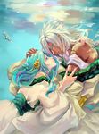  1girl blanche-snow blue_eyes blue_hair bubble conch dark_skin eye_contact green_eyes hair_ornament highres looking_at_another magi_the_labyrinth_of_magic robe sharrkan underwater white_hair yamuraiha 