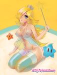  blue_eyes breasts chiko_(mario) crown gradient gradient_background hair_over_one_eye kneeling long_hair nipples popsiclebunny rosalina_(mario) rosetta_(mario) see-through simple_background striped_background super_mario_bros. super_mario_galaxy thighhighs wand 