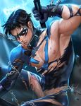  abs batman_(series) black_hair bodysuit chains dc_comics dick_grayson domino_mask errection escrima_stick gloves gradient gradient_background male_focus mask nightwing penis sakimichan short_hair skin_tight solo toned torn_clothes uncensored watermark 