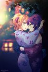 2girls against_tree ayase_eli blonde_hair blue_eyes blurry blush depth_of_field earrings finger_to_another's_mouth fireworks floral_print flower from_side green_eyes hair_flower hair_ornament hug japanese_clothes jewelry kimono lantern looking_at_viewer love_live! love_live!_school_idol_project multiple_girls night obi off_shoulder parted_lips print_kimono purple_hair sash short_ponytail tida_kietsungden toujou_nozomi tree twitter_username window yuri 