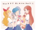  aikatsu! aikatsu!_(series) bow camera hair_bow hoshimiya_ichigo kiriya_aoi long_hair multiple_girls mym school_uniform serafuku shibuki_ran starlight_academy_uniform stuffed_animal stuffed_toy 