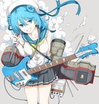  amplifier bass_guitar blue_eyes blue_hair breasts collarbone double_bun elbow_gloves gloves grey_background grin guitar hat instrument jpeg_artifacts kantai_collection long_hair looking_at_viewer medium_breasts ninimo_nimo parted_lips pleated_skirt rickenbacker sailor_hat scarf school_uniform serafuku simple_background skirt sleeves_rolled_up smile smoke solo urakaze_(kantai_collection) white_gloves white_hat yellow_neckwear 