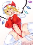  1girl autopaizuri blonde_hair breasts censored elbow_gloves erect_nipples erection flandre_scarlet futanari gloves gradient gradient_background hisui_(stapspats) huge_breasts huge_penis leotard mob_cap naughty_face one-piece_swimsuit penis red_eyes solo swimsuit testicles thighhighs tongue_out touhou wavy_mouth white_legwear wings 