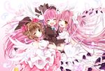  ;d angel angel_wings bottle_(x890264) brown_hair cardcaptor_sakura choker crossover dress feathers frilled_dress frills hair_ornament hair_ribbon happy hug juliet_sleeves kaname_madoka kinomoto_sakura long_hair long_sleeves magical_girl mahou_shoujo_madoka_magica misha_(pita_ten) multiple_girls one_eye_closed open_mouth petticoat pink_choker pink_hair pita_ten puffy_short_sleeves puffy_sleeves ribbon short_sleeves smile teeth trait_connection ultimate_madoka very_long_hair white_wings wings 