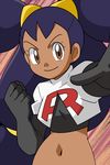  1girl dark_skin hainchu iris_(pokemon) navel nintendo pokemon simple_background solo team_rocket_(cosplay) 