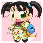  1girl aliasing artist_request assisted_exposure black_hair blush chibi dragon_quest dragon_quest_iii female fighter_(dq3) green_eyes hair_bobbles hair_ornament hoimi_slime lowres molestation open_mouth pussy sggg short_hair short_twintails slime_(dragon_quest) solo tentacle twintails uncensored 
