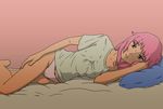 1girl barefoot bed blush feet female gasai_yuno happy legs long_hair looking_at_viewer lying on_side open_mouth panties pink_eyes pink_hair shirt simple_background solo underwear wide_sleeves 
