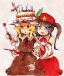  :d alternate_costume alternate_hairstyle balancing_on_head bare_shoulders beret birthday_cake blonde_hair blue_eyes blush brown_hair cake cake_hat candy commentary_request detached_sleeves dolls_in_pseudo_paradise dress extra falling food food_on_head hat highres jacket_girl_(dipp) knife label_girl_(dipp) looking_at_viewer multiple_girls object_on_head open_mouth short_hair smile star sweat sweating_profusely touhou trembling twintails wadante yellow_eyes 