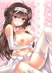  ahoge bare_shoulders blush breast_hold breasts breasts_outside brown_hair cameltoe choker cleavage detached_sleeves double_bun dress garter_straps hair_ornament hairband ichiyou_moka jewelry kantai_collection kongou_(kantai_collection) large_breasts long_hair navel nipples open_mouth panties pink_panties ring solo thighhighs underwear wedding_dress white_legwear 