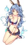  animal_ears between_legs bikini_top blue_hair blush breast_suppress breasts brown_eyes bunny_ears cleavage collarbone erune ferry_(granblue_fantasy) full_body granblue_fantasy groin hand_between_legs haruyuki_(yukichasoba) long_hair medium_breasts midriff miniskirt navel round-bottom_flask sandals simple_background skirt solo white_background 