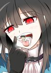  1girl absurdres admiral_(kantai_collection) commentary_request giantess gloves highres kantai_collection koyohi_choro outstretched_hand red_eyes takao_(kantai_collection) tongue tongue_out vore 