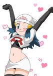  blue_eyes blue_hair hainchu heart heart_background hikari_(pokemon) navel nintendo pokemon simple_background solo team_rocket_(cosplay) 