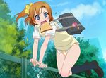  :o bag bag_charm blue_eyes blush brown_hair charm_(object) checkered checkered_panties fence food food_in_mouth jumping kneehighs kousaka_honoka late_for_school leaf loafers love_live! love_live!_school_idol_project mouth_hold no_pants one_side_up otonokizaka_school_uniform panties plaid plaid_panties school_bag school_uniform shoes solo sweatdrop sweater_vest toast toast_in_mouth tonbi underwear v-shaped_eyebrows wardrobe_error 