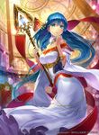  aqua_eyes bare_shoulders blue_eyes blue_hair bracelet detached_sleeves dress elice_(fire_emblem) fire_emblem fire_emblem:_monshou_no_nazo fire_emblem_cipher floating_hair green_eyes hair_ornament hmk84 holding indoors jewelry long_hair official_art red_ribbon ribbon sad solo staff very_long_hair white_dress wide_sleeves 