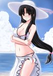  black_hair breasts brown_eyes commentary_request hat kantai_collection large_breasts long_hair low-tied_long_hair oyabun_(higashi) sarong shouhou_(kantai_collection) solo swimsuit very_long_hair 