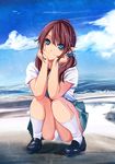  beach blue_eyes brown_hair chibimame chin_rest cloud day kneehighs long_hair ocean original outdoors panties pantyshot pantyshot_(squatting) school_uniform shirt shoes skirt sky smile solo squatting twintails underwear white_panties 