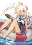  :o bad_id bad_pixiv_id blue_eyes blush flower food hair_flower hair_ornament kantai_collection lifebuoy long_hair one-piece_swimsuit one_eye_closed popsicle rainbow rie_(reverie) ro-500_(kantai_collection) school_swimsuit simple_background solo swimsuit tan tanline torpedo water water_drop white_background white_hair 