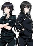  2girls black_hair black_shirt crossed_arms eye_contact isse long_hair looking_at_another multiple_girls red_eyes shirt short_hair simple_background 
