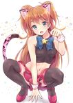  :o animal_ears bell black_legwear blue_bow blue_eyes bow brown_hair cat_ears cat_tail fang full_body houjou_hibiki jingle_bell kemonomimi_mode leopard_ears leopard_tail long_hair midriff navel panther_pink_(precure) paw_pose pink_footwear pink_skirt precure shoes skirt solo squatting suite_precure tail takeashiro thighhighs two_side_up white_background wrist_cuffs 