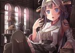  bad_id bad_pixiv_id blue_eyes brick_wall crossed_legs food fruit highres indoors kantai_collection kongou_(kantai_collection) light_rays looking_at_viewer nontraditional_miko open_mouth raised_eyebrows running_bond sandwich saraki scone sitting solo strawberry sunbeam sunlight teapot thighhighs tiered_tray window wooden_chair 