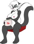  anthro big_breasts breasts cum female fur hair huge_breasts jessie leaking mammal nipples nude open_mouth popcorn poweron pussy simple_background skidd skunk smile solo 