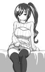  alternate_costume black_legwear blush breasts clothes_lift greyscale kaga_(kantai_collection) kantai_collection large_breasts long_hair long_sleeves looking_at_viewer meme_attire moderate_pubic_hair monochrome no_panties open-chest_sweater pubic_hair pussy side_ponytail simple_background smile solo spot_color sweater sweater_lift thighhighs turtleneck white_background zaxwu 
