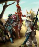  3girls agnaktor_(armor) armor baggi_(armor) barioth_(armor) boot capcom dark_skin gun hat monster_hunter multiple_girls rokusyo thighhighs weapon weapons 