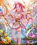  bare_shoulders breasts bug butterfly cleavage copyright_name flower insect light_rays official_art open_mouth pink_eyes pointy_ears pole shingeki_no_bahamut small_breasts solo staff tower zzinp 