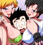  2girls areola_slip areolae between_breasts black_hair blue_eyes blush breasts dragon_ball dragonball_z erect_nipples gradient gradient_background ireza large_breasts looking_at_viewer multiple_girls nipple nipples open_mouth orange_hair rickert_kai short_hair smile son_gohan tongue tongue_out videl 