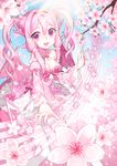  blann breasts cherry_blossoms cleavage day eighth_note happy highres horns medium_breasts musical_note original pink_eyes pink_hair sixteenth_note sky solo thighhighs twintails 