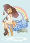  black_choker blonde_hair blue_eyes choker edna_(tales) flower hair_ribbon hairband hydrangea leg_ribbon mishiro_(andante) normin_(tales) rainbow ribbon short_hair side_ponytail solo tales_of_(series) tales_of_zestiria umbrella 