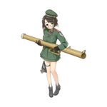  black_hair full_body gas_mask glasses hat looking_at_viewer milihime_taisen military military_hat military_uniform official_art panzerschreck rocket_launcher short_hair solo transparent_background uniform weapon 