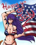  animal_humanoid anthro big_breasts bikini black_stripes blue_eyes breasts cat_humanoid cat_tail clothing feline female flag hair huge_breasts human humanoid kate_summers long_hair looking_at_viewer mammal open_mouth purple_hair sageofotherworlds smile solo stripes swimsuit text yosh!_comics 