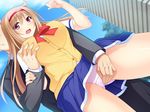  1boy 1girl akasaka_kanon artist_request breasts brown_hair censored character_request fingering game_cg heat_soft komoda long_hair oshiego_wa_mahou_shoujo outdoors panties school_uniform skirt sky source_request underwear 