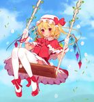  absurdres bad_id bad_pixiv_id blonde_hair blush bow capelet dress flandre_scarlet flower gloves hat hat_bow high_heels highres looking_at_another misoni_comi mob_cap plant red_eyes shoe_bow shoes solo swing thighhighs touhou vines white_gloves white_legwear wings 