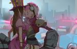  713 caitlyn_(league_of_legends) car commentary_request french_kiss gauntlets gloves goggles ground_vehicle hat highres kiss league_of_legends long_hair midriff motor_vehicle multiple_girls pink_hair police police_car short_hair skirt tattoo tongue uniform vi_(league_of_legends) yuri 