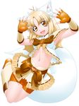  :d absurdres animal_ears bike_shorts blonde_hair bunny_pose delica fingerless_gloves fox_ears fox_girl fox_tail gloves highres long_hair looking_at_viewer magical_girl midriff navel open_mouth original shorts shorts_under_skirt smile solo tail thigh_gap wavy_hair yellow_eyes 
